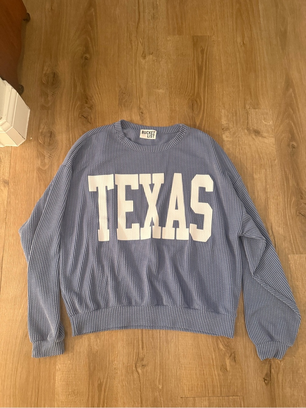 BUCKETLIST Light Blue 'TEXAS' Crewneck Sweater with White Lettering